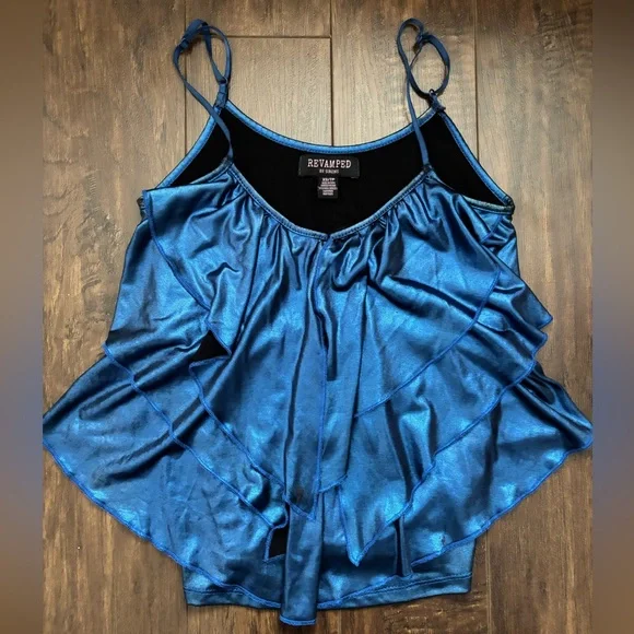 Revamped Blue Satin Ruffle Top - Picture 1 of 11